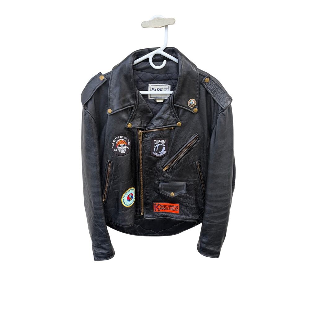 Vintage Park V Black Leather Motorcycle Jacket USA Mens 50 Patched Biker Coat